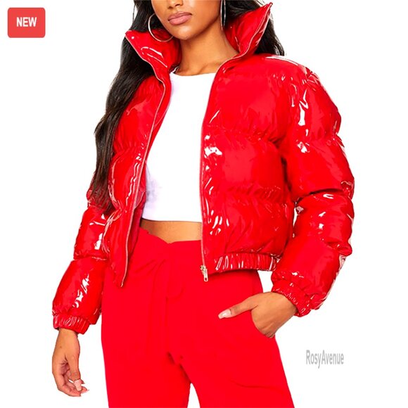 Cropped Puffer Jacket Shiny Zip Up Winter Coat Women's Small